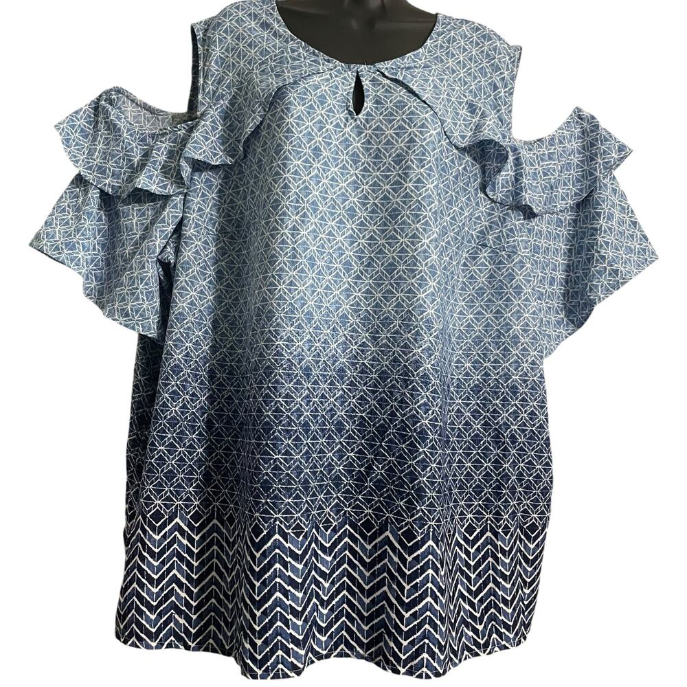 Catherines Womens Plus Size 3X Cold Shoulder Georgette Blue Short Sleeve Top